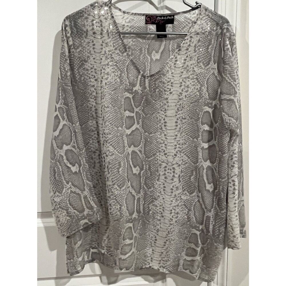 Peck And Peck Large Gray And White Sparkle Sheer Reptile Print Tunic Top Large